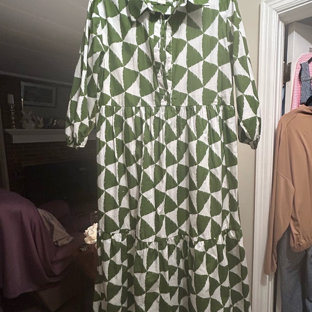 Maeve Anthropologie Bettina Green and White Geometric Tiered Midi Dress